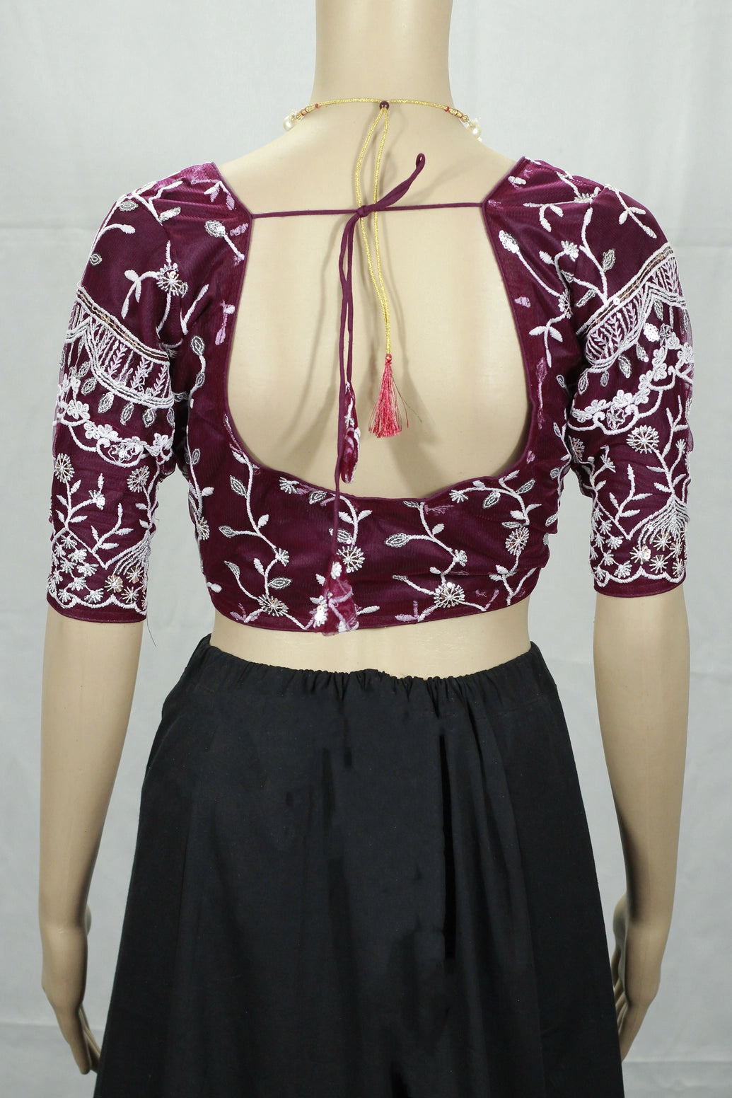 Wine Readymade Designer Padded Blouse with Aari Floral Embroidery, Elbow Sleeves & Back Knot, Fully Stitched