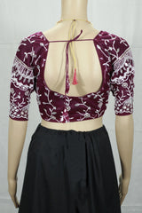 Wine Readymade Designer Padded Blouse with Aari Floral Embroidery, Elbow Sleeves & Back Knot, Fully Stitched