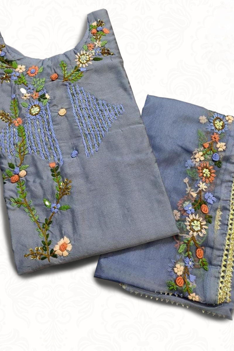 Elegant Chanderi Silk Kurti with Handwork Embroidery and Organza Dupatta