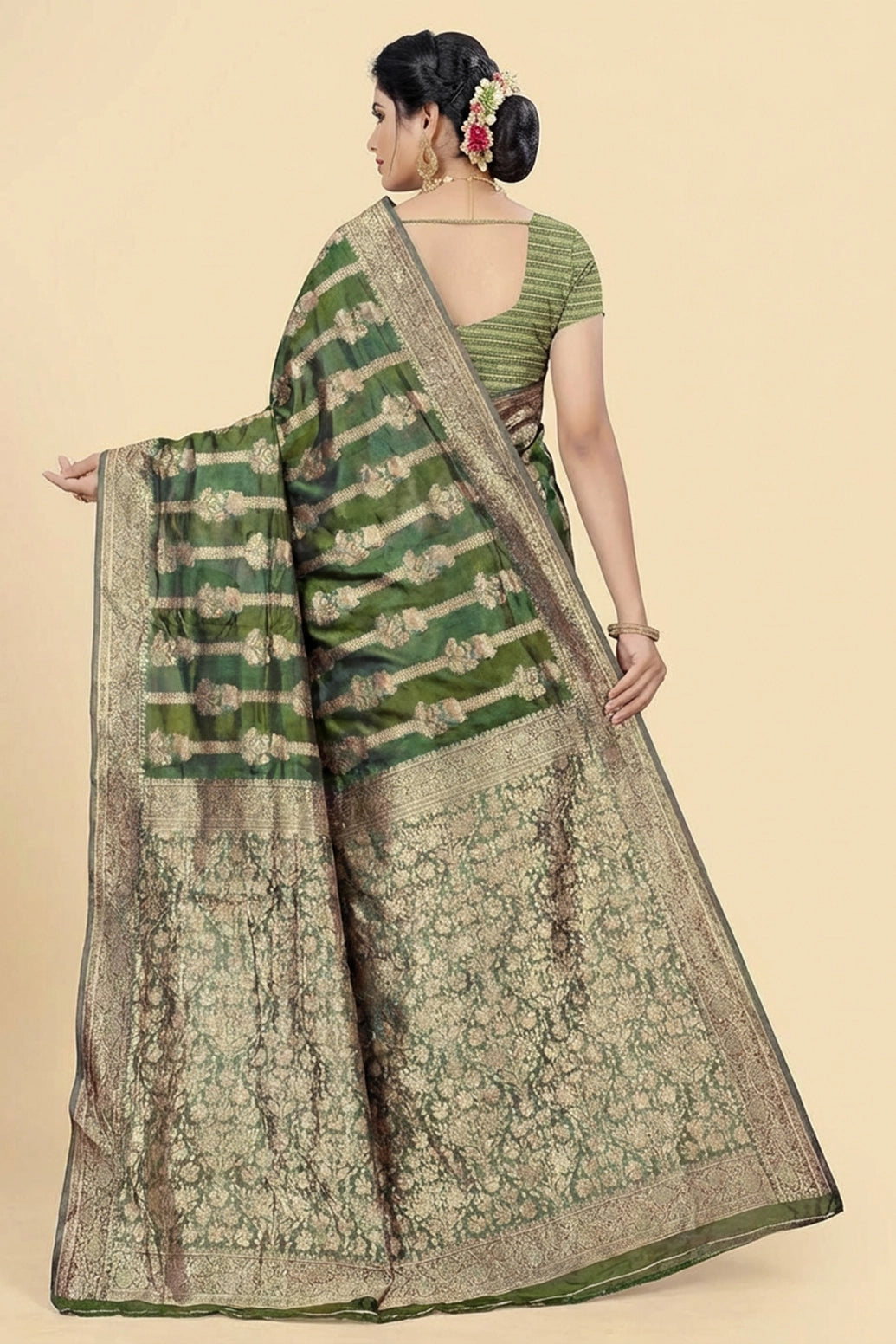 Green Bulbul Organza Silk Designer Saree with Floral Stripes, Grand Pallu & Zari Border