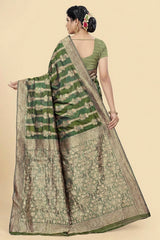 Green Bulbul Organza Silk Designer Saree with Floral Stripes, Grand Pallu & Zari Border
