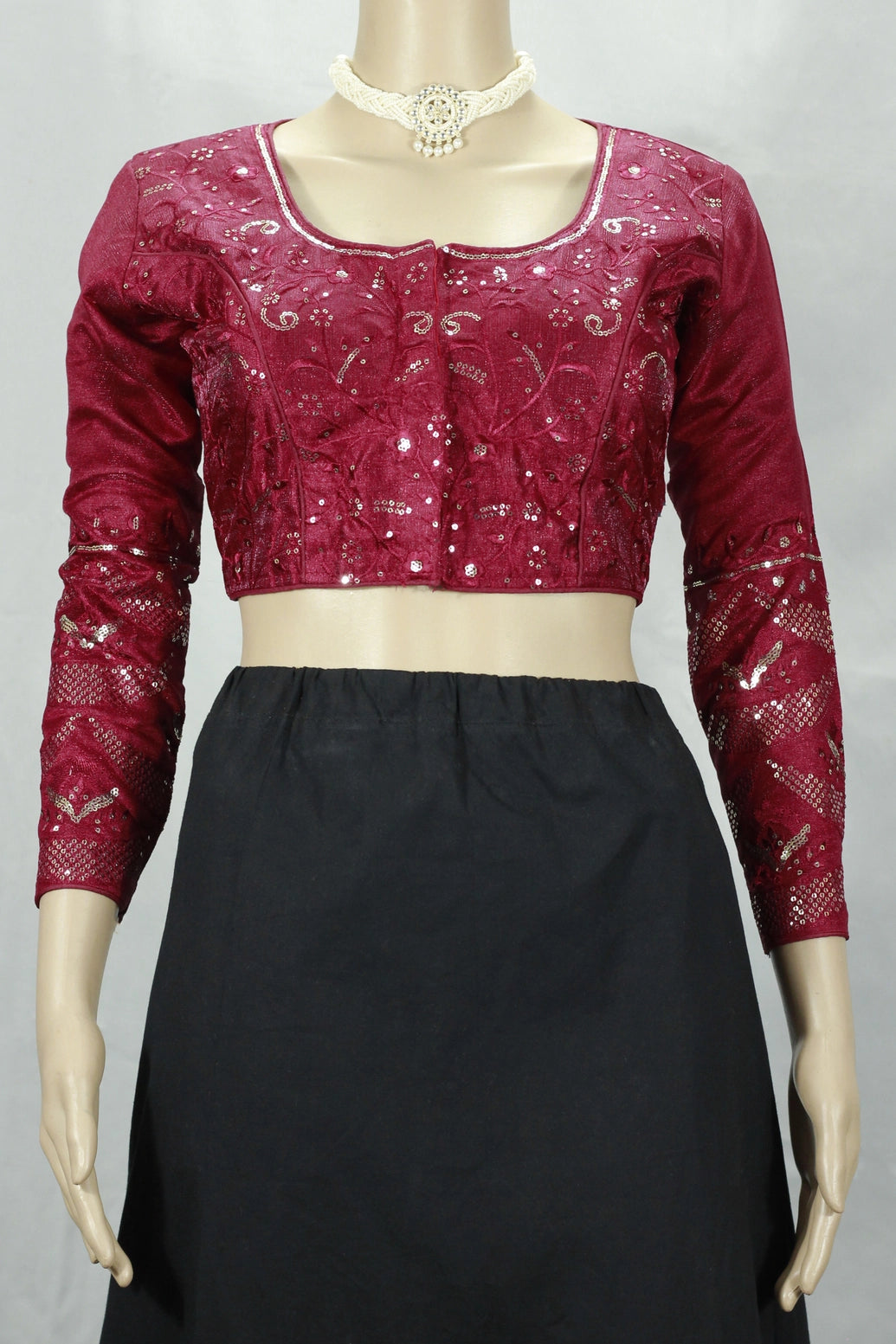 Maroon Sequence Padded Readymade Blouse, Fully Stitched Full Sleeve with Back Knot, Party Wear for Women