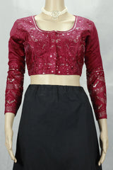 Maroon Sequence Padded Readymade Blouse, Fully Stitched Full Sleeve with Back Knot, Party Wear for Women