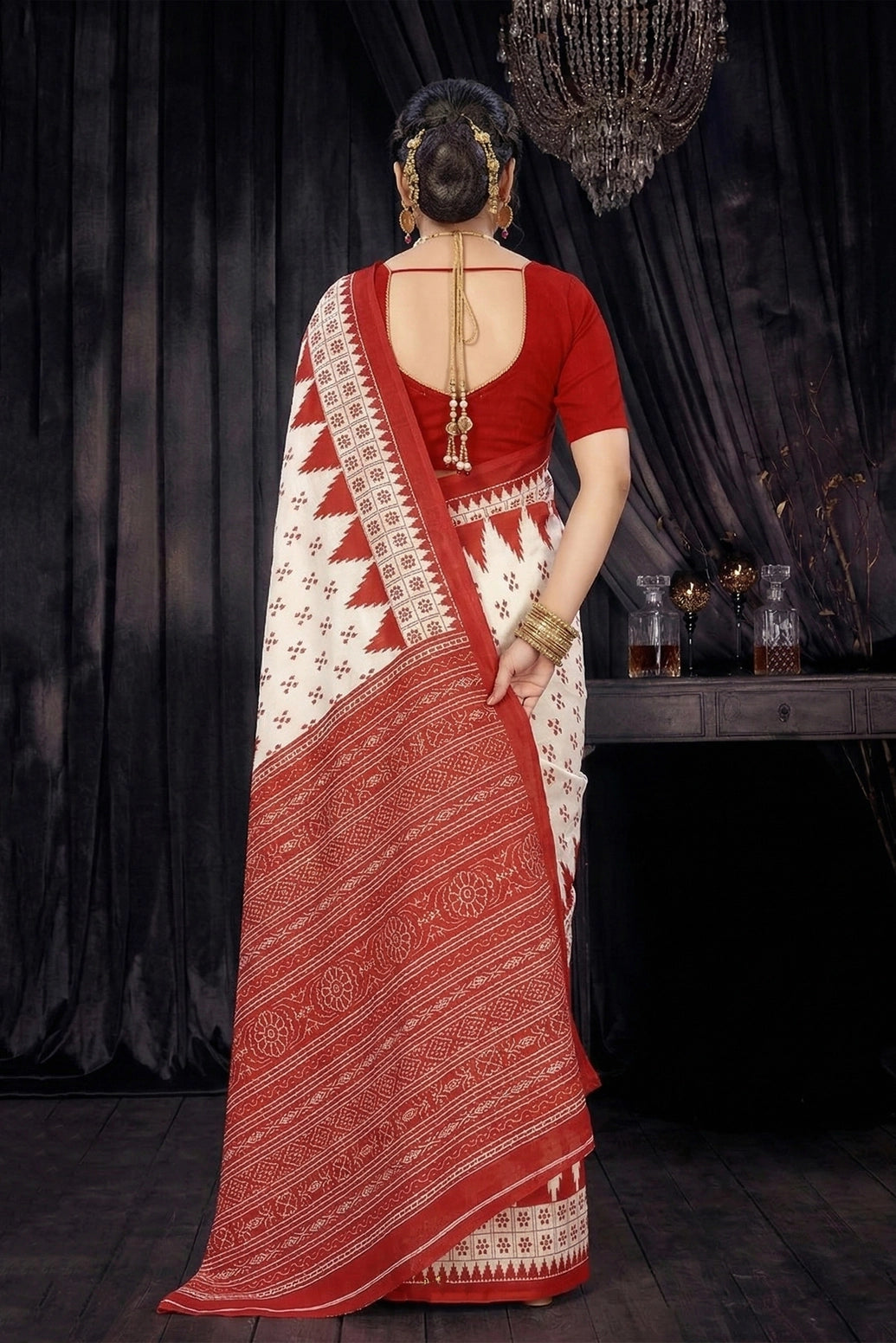 Red & White Cotton Printed Saree with Contrast Border for Traditional Daily and Festive Wear