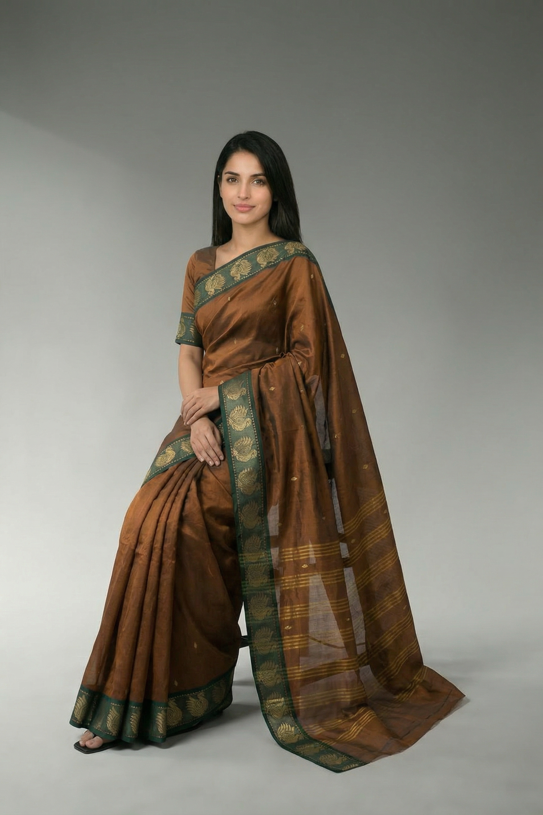 Brown Poly Cotton Butta Saree with Dark Green Thread - AI Model Photo 1