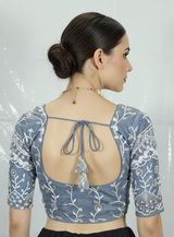 Grey Readymade Padded Designer Blouse with Aari Floral Work, Elbow Sleeve, Back Knot (Stitched)