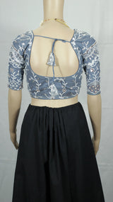 Grey Readymade Padded Designer Blouse with Aari Floral Work, Elbow Sleeve, Back Knot (Stitched)