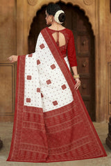 Red Velvet Pure Cotton Printed Saree with Contrast Border and Printed Pallu