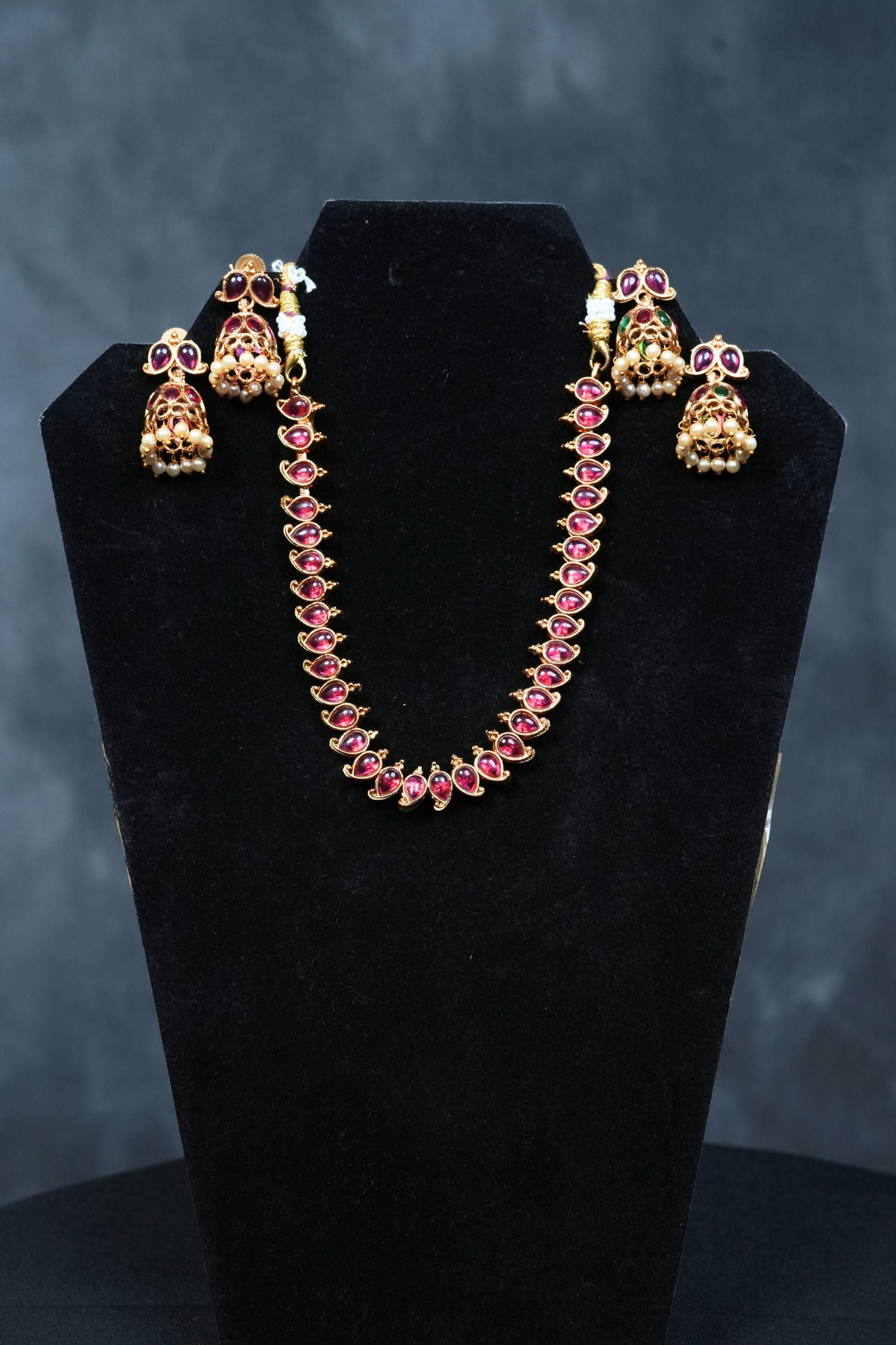 Dual Charm Delight: Matte Finish Neckset with Pink and Green Stones Jewelry JCS Fashions