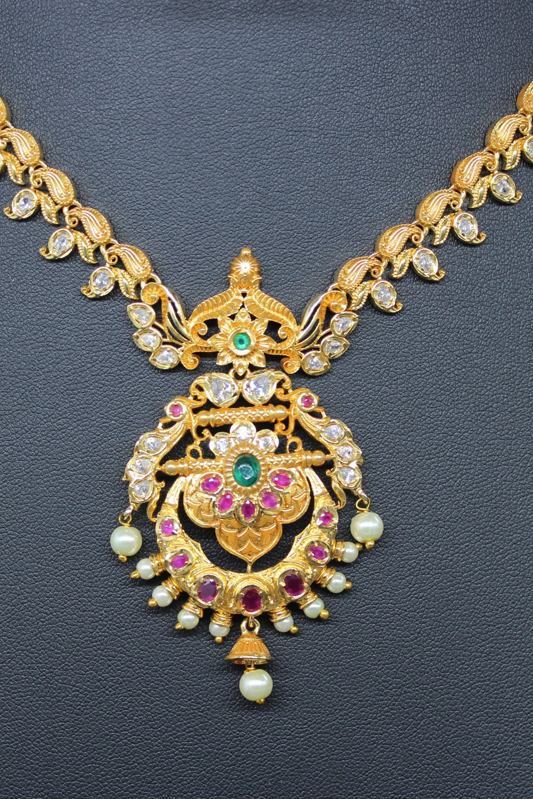 Premium Quality, Gold finish AD necklace Pink and green stone Jewelry JCS Fashions