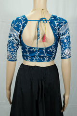 Navy Blue Readymade Padded Blouse with Aari Work Floral Embroidery, Elbow Sleeve and Back Knot Closure