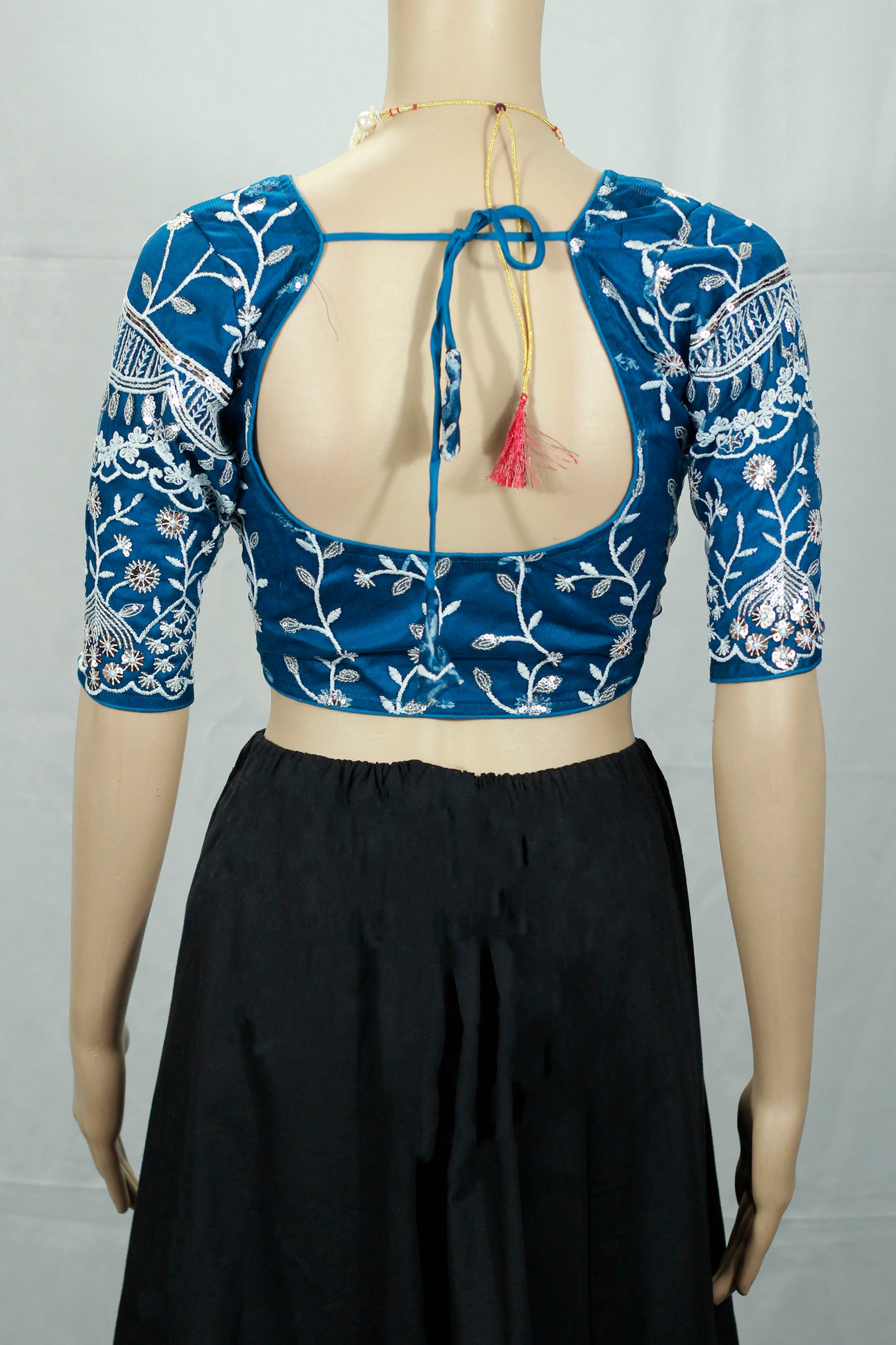 Navy Blue Readymade Padded Blouse with Aari Work Floral Embroidery, Elbow Sleeve and Back Knot Closure