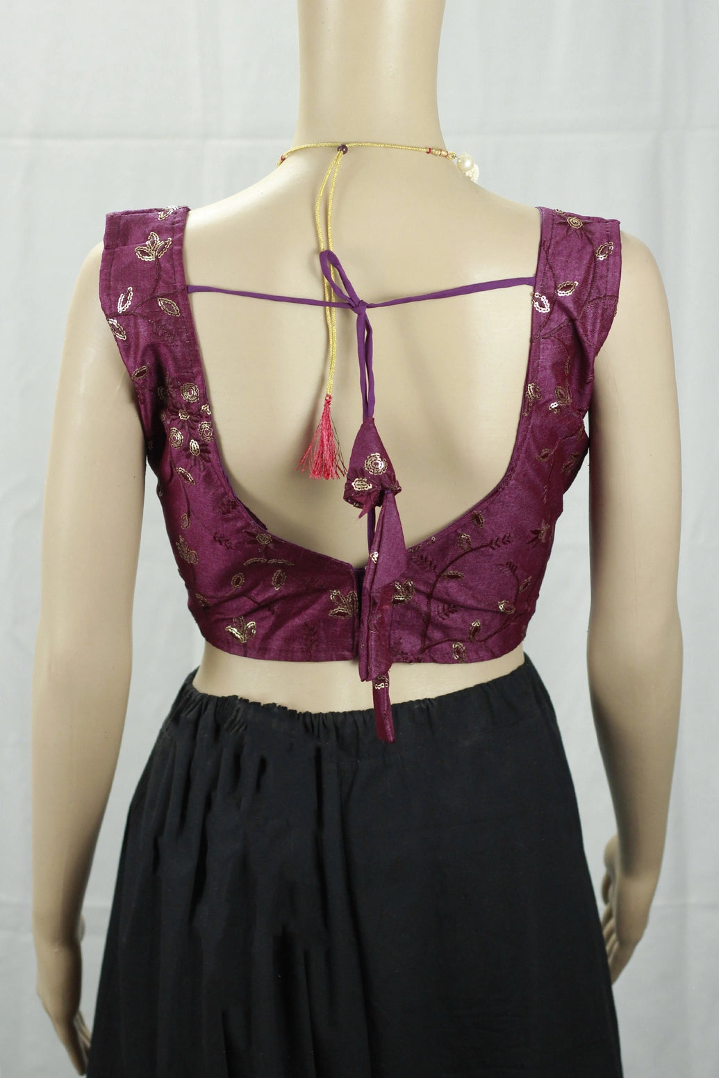 Wine Padded Sleeveless Designer Blouse with Embroidery, Back Tie Knot and Fully Stitched Fit