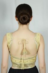 Sandal Readymade Padded Designer Blouse with Deep Neck Zari Border, Sleeveless with Back Knot