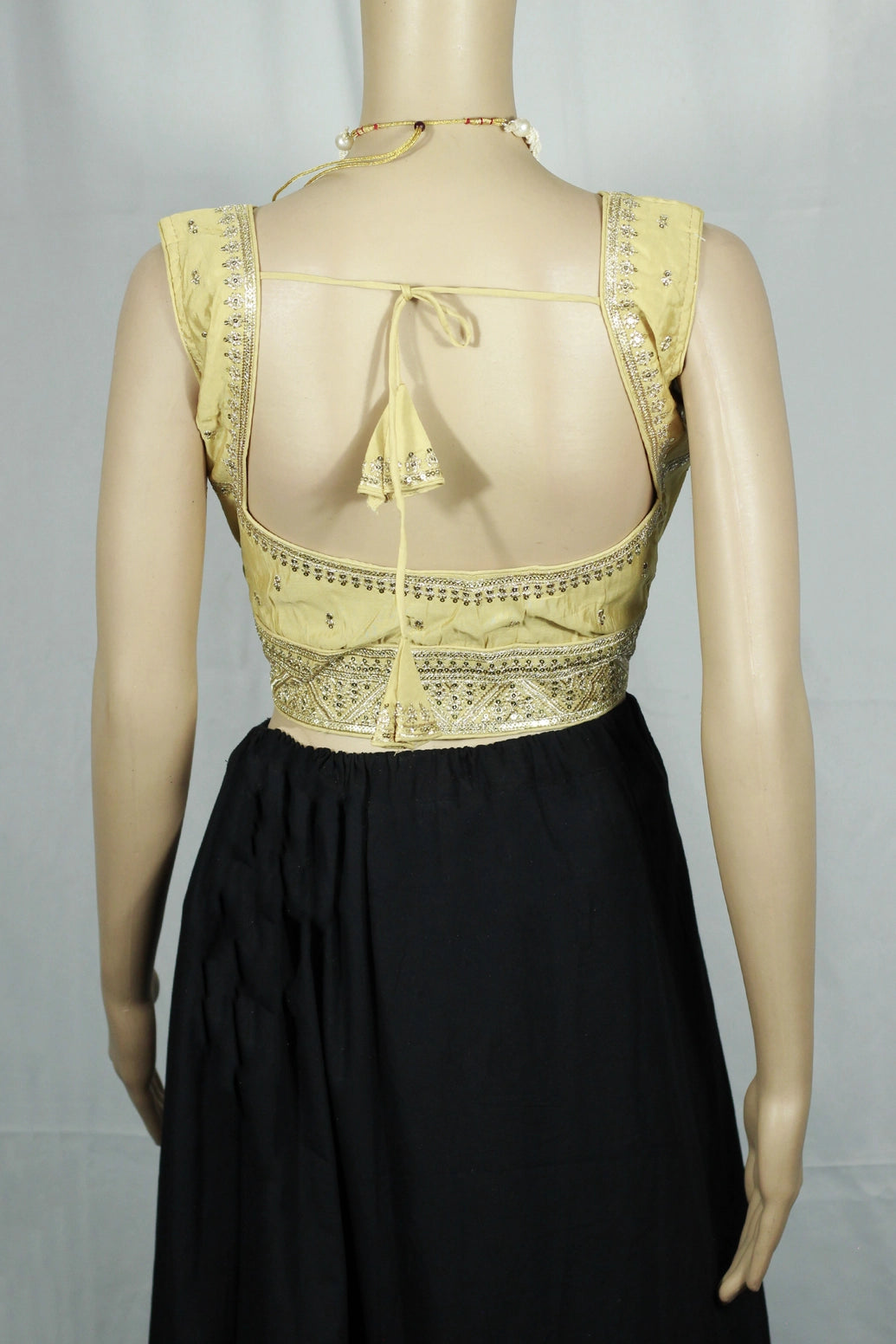 Sandal Readymade Padded Designer Blouse with Deep Neck Zari Border, Sleeveless with Back Knot