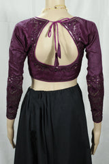 Purple Sequined Padded Designer Readymade Blouse, Full Sleeve with Back Knot & Back Patch, Fully Stitched