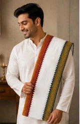 Men White Soft Cotton Ganga Jamuna Angavastram (Shoulder Towel) with Contrast Border for Traditional Wear