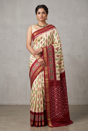 Soft and Flowy Pure Pochampally Ikkat Silk Saree in Cream