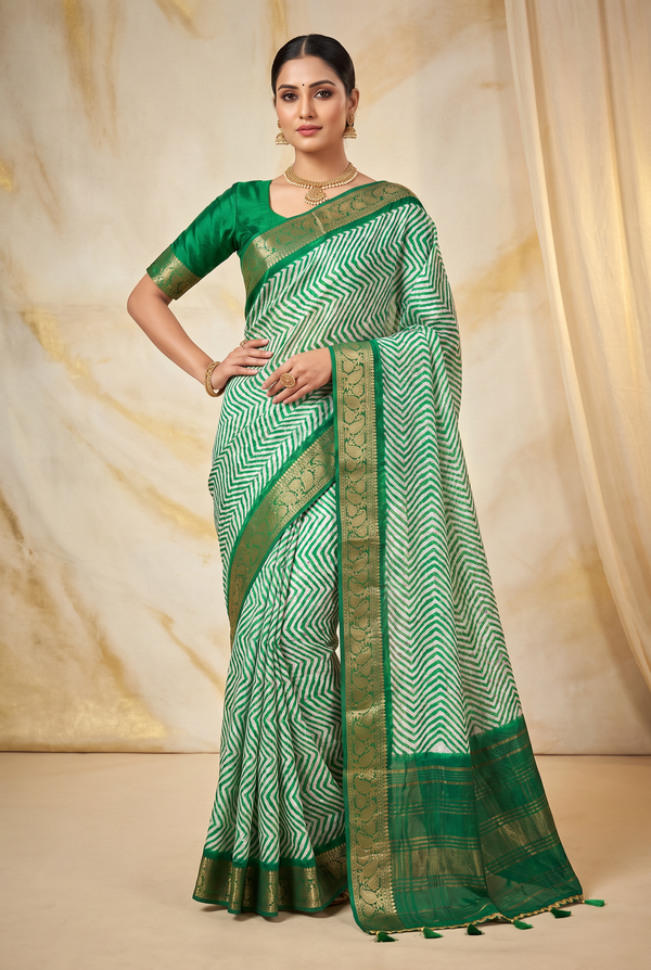 Green Leheriya Batik Prints, Munga Silk Saree, Bold