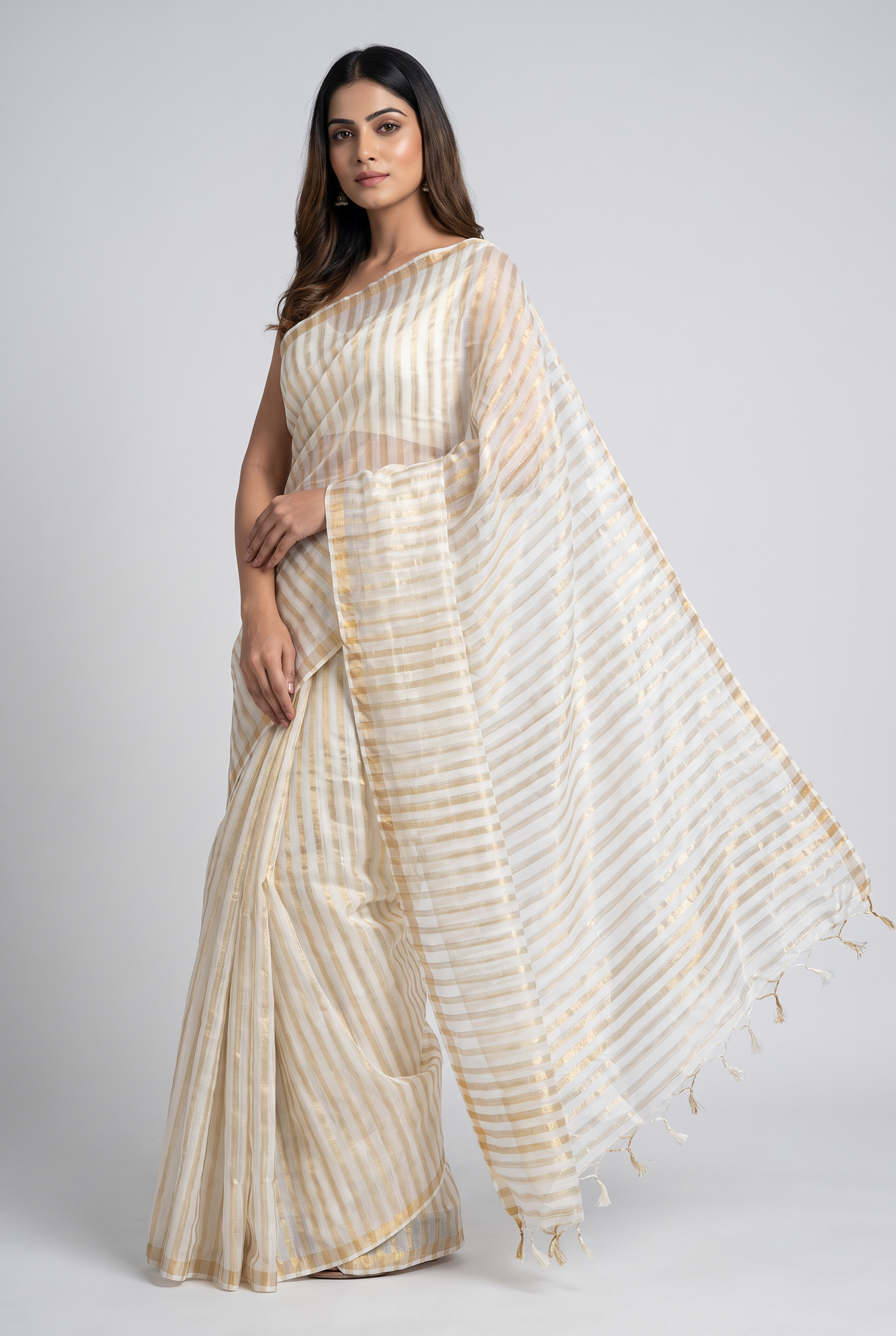 Cream Modal Silk Saree With Golden zari striped
