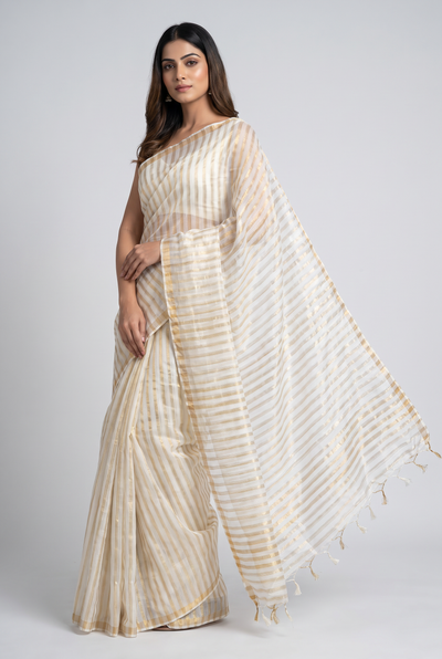 Cream Modal Silk Saree With Golden zari striped