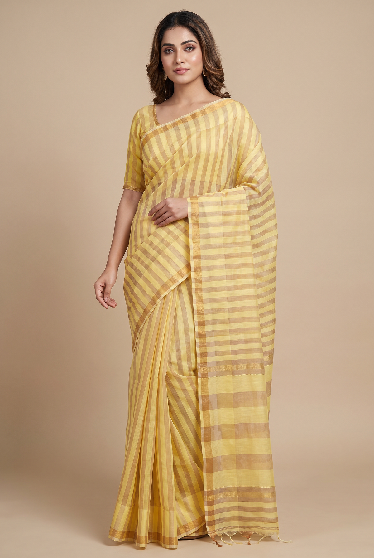 Vertical Zari weaved Lemon Yellow Tissue Linen Saree With Blouse