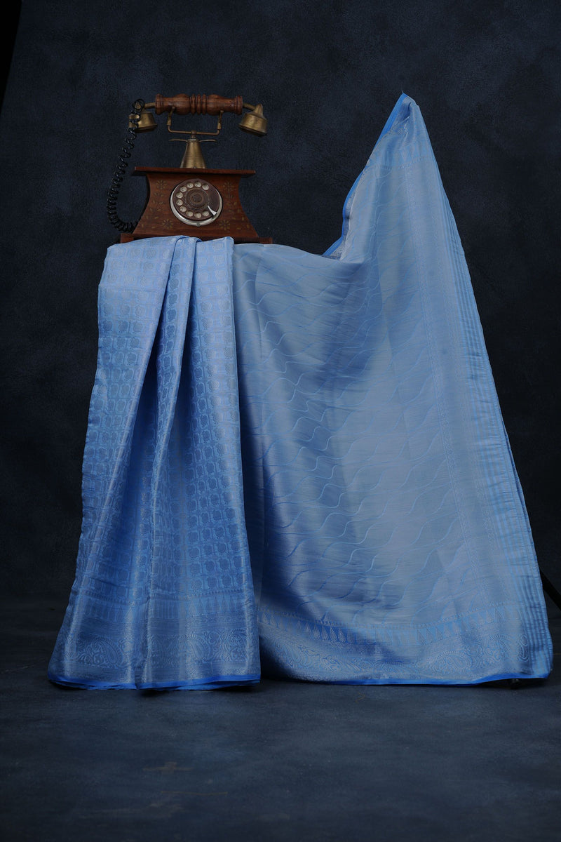 Elegant Dupion Silk Saree with Silver Zari Peacock Design & Regal Border