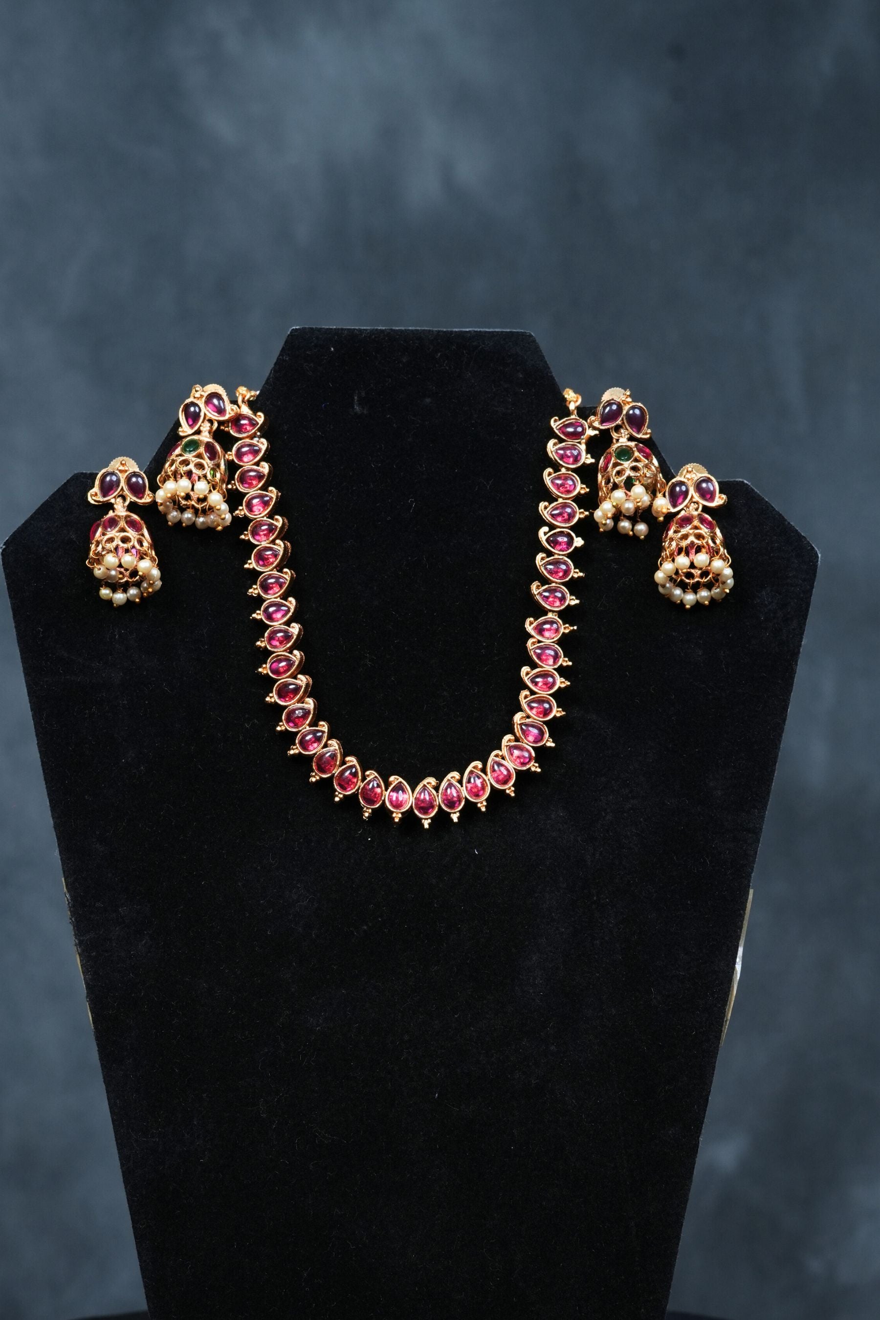Dual Charm Delight: Matte Finish Neckset with Pink and Green Stones Jewelry JCS Fashions