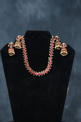 Dual Charm Delight: Matte Finish Neckset with Pink and Green Stones