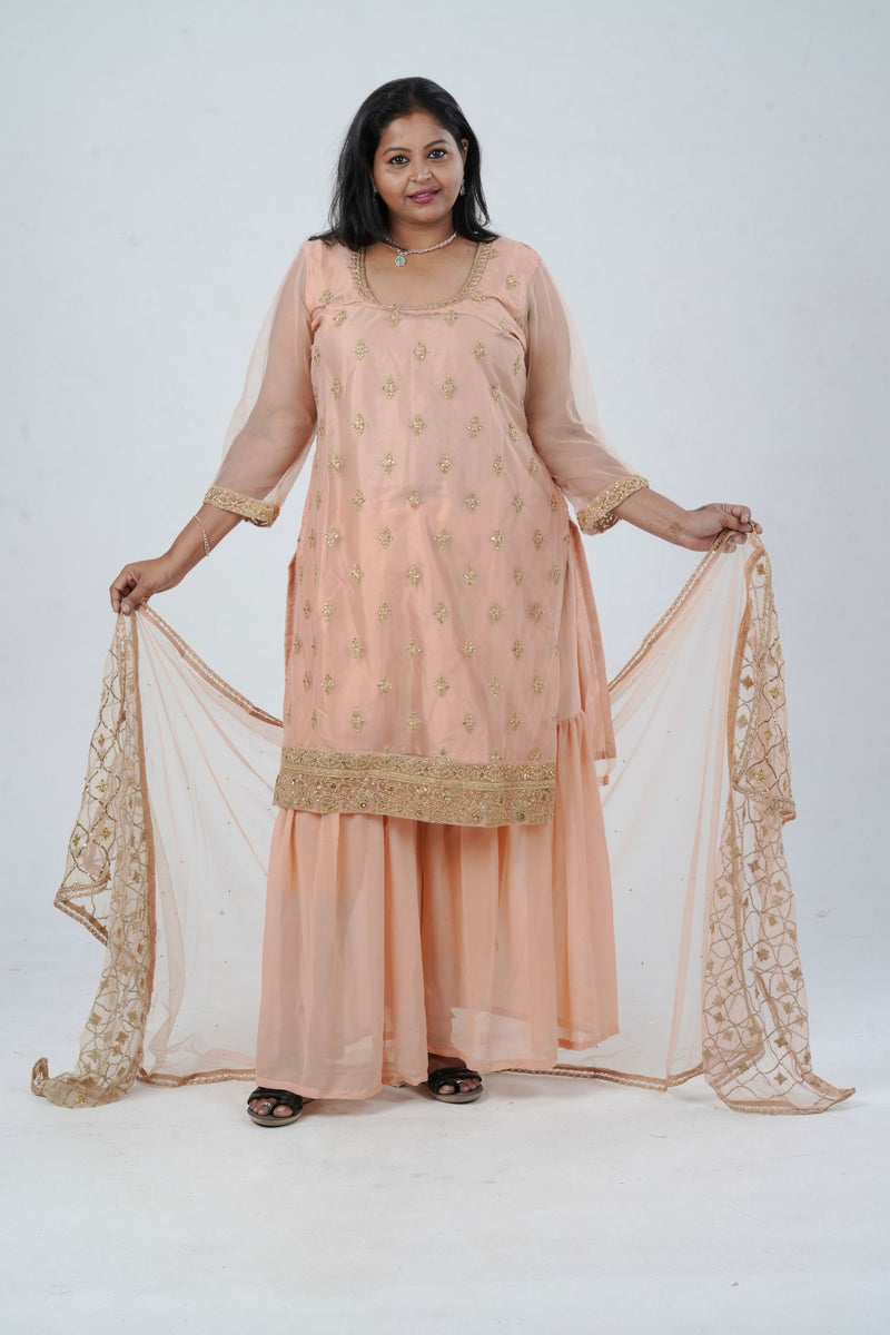 Plus Size: Ethnic Elegance: Soft Net Sharara in Peach