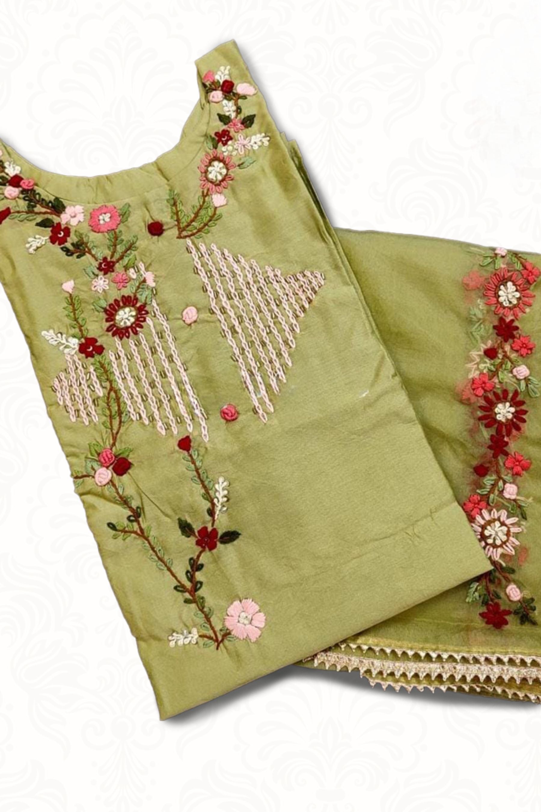 Elegant Chanderi Silk Kurti with Handwork Embroidery and Organza Dupatta KURTI JCS Fashions Green Large (40)