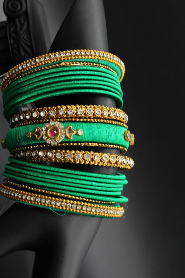 Silk Thread Bangles with Kundan and Stone Work in Green Color