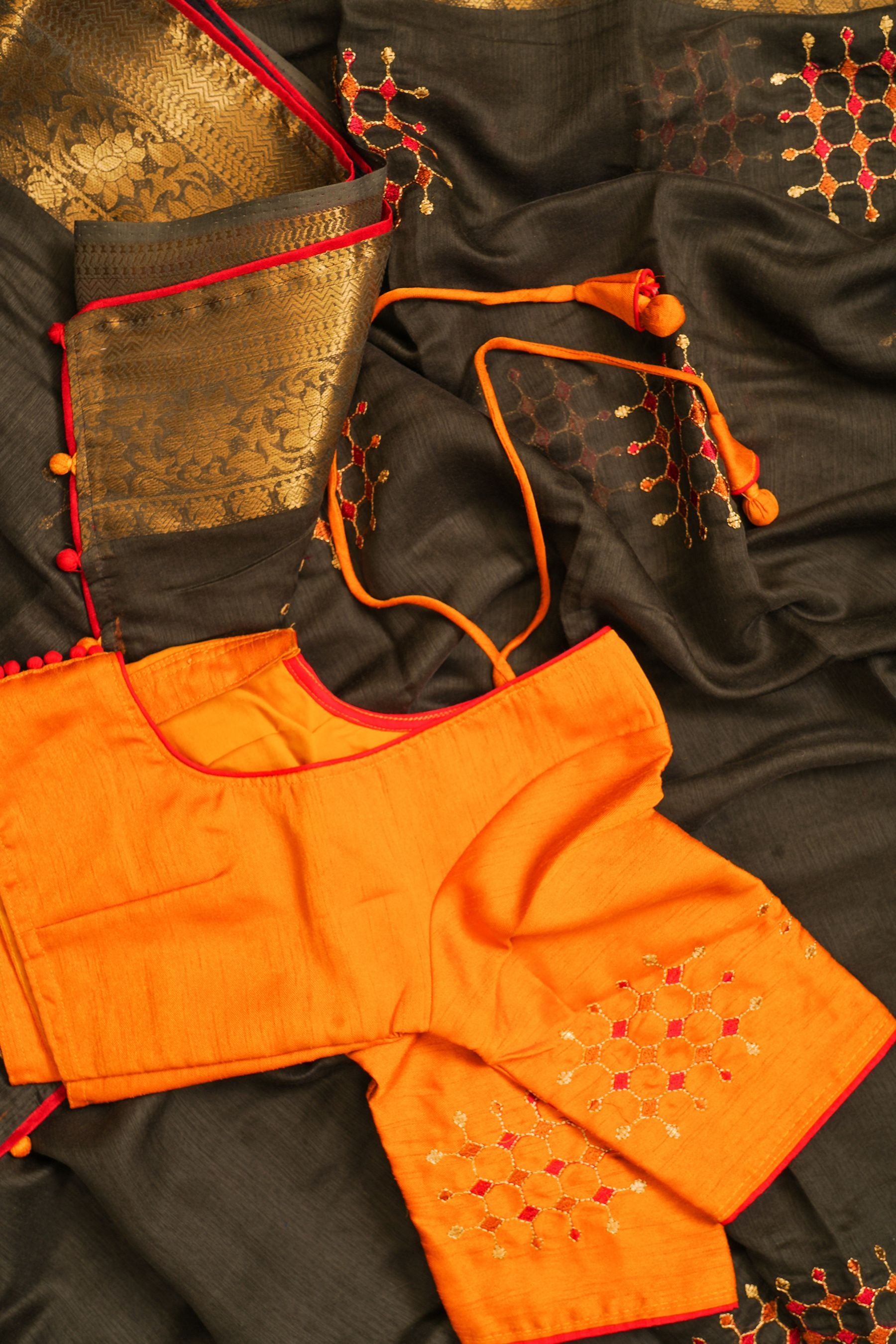 Chic Lenin Silk Embroidery Sarees: Gold Zari Weaving, Embroidery Blouse SAREE JCS Fashions