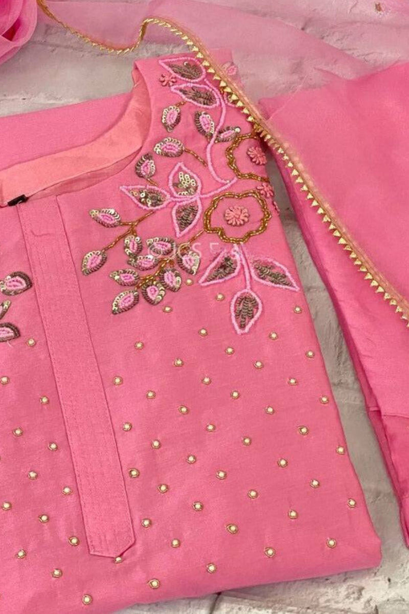 Zardosi-Pearl Art Silk Festive Suit & Embellished Organza Dupatta Set