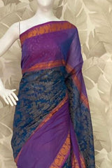 Handloom  Kanchi Cotton Saree in Teal & Purple - Running Blouse Included