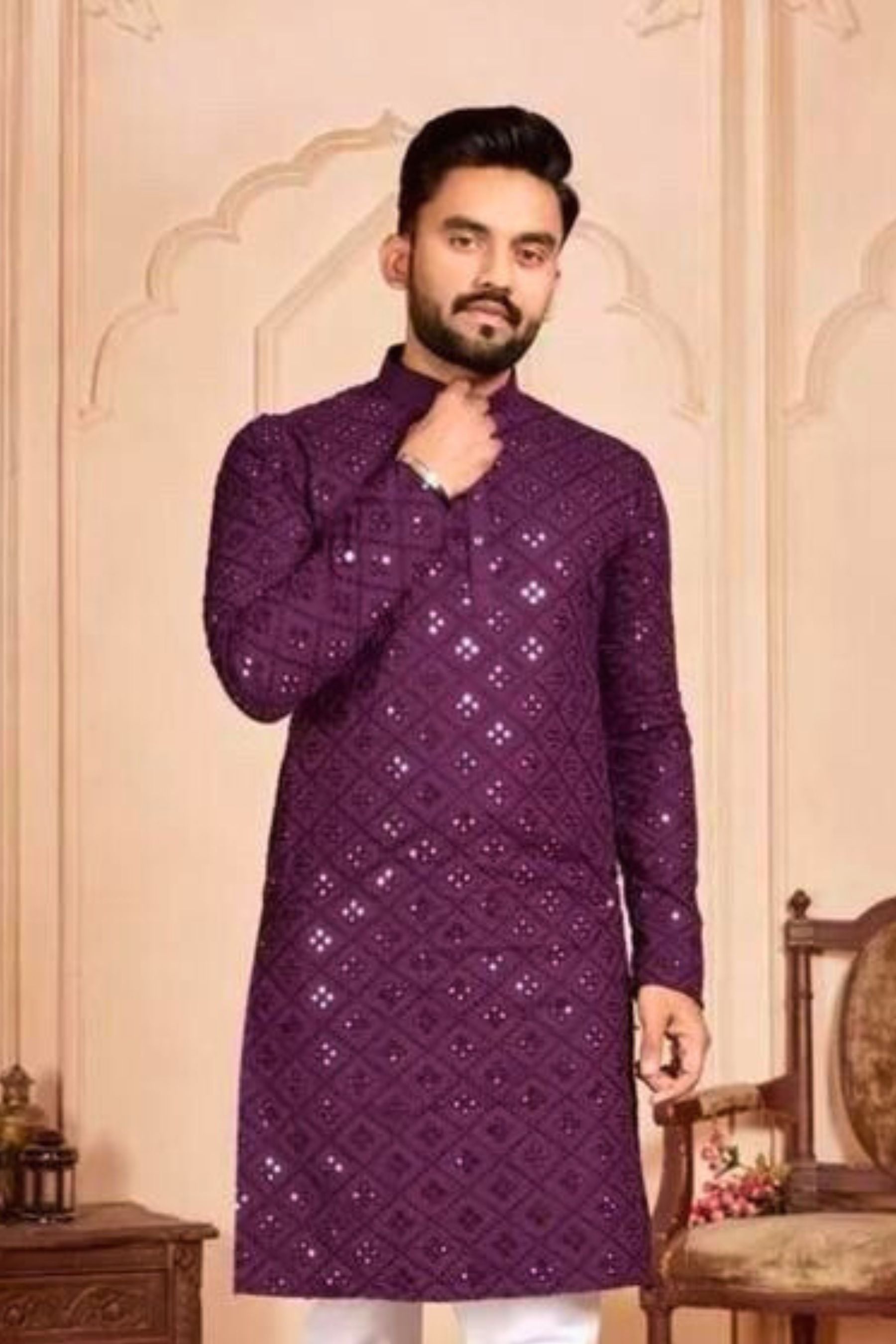 Festival Ready Mirror Embroidered Cotton Kurta Pajama Set - JCSFashions Men JCS Fashions