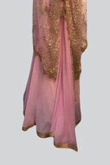 Elegant Pink Georgette Short Kurti with Sharara Pants - Gold Embroidery