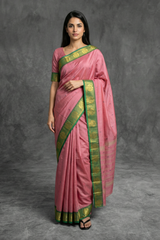 Onion Pink Poly Cotton Saree with Green Zari Border - AI Model Photo 1