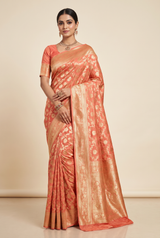 Orange Khaddi Banarasi Georgette Saree With Stitched