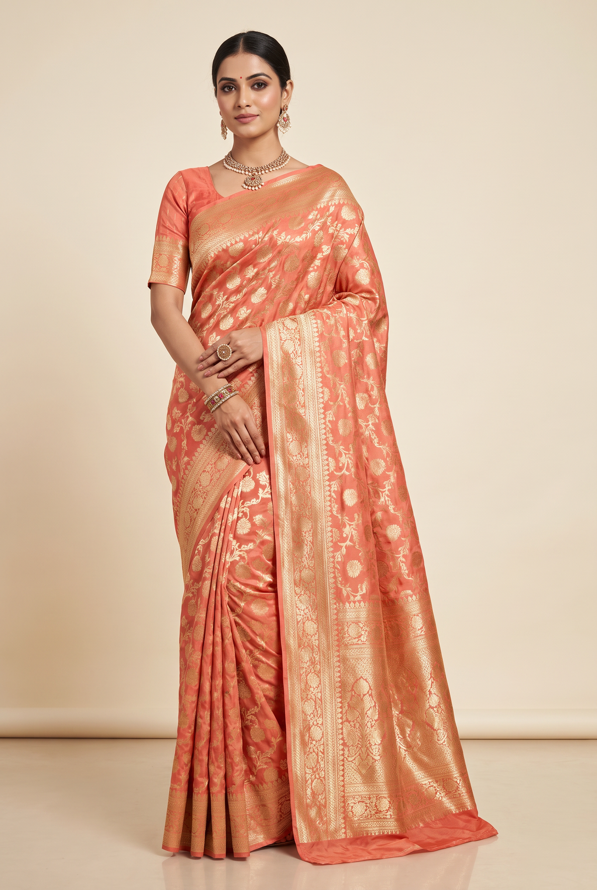Orange Khaddi Banarasi Georgette Saree With Stitched