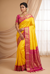 Yellow Gadwal Khadi Kuttu Border Allover Buta Silk