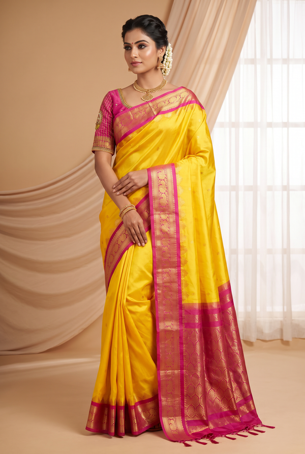 Yellow Gadwal Khadi Kuttu Border Allover Buta Silk