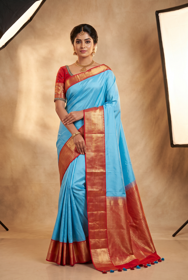 Blue Kanchipuram Blended Silk Saree With Stitched