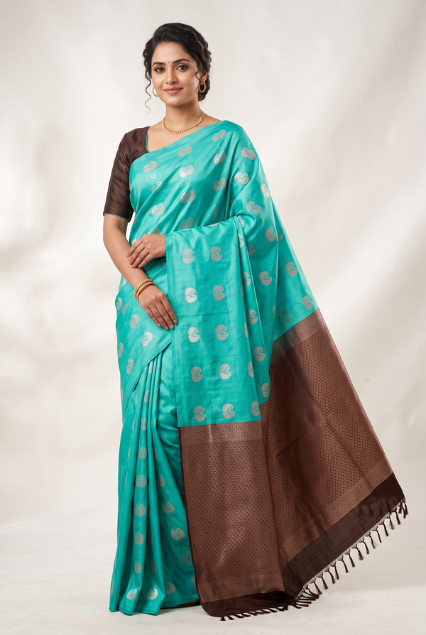 Green Semi Silk Border Less Saree With Stitched