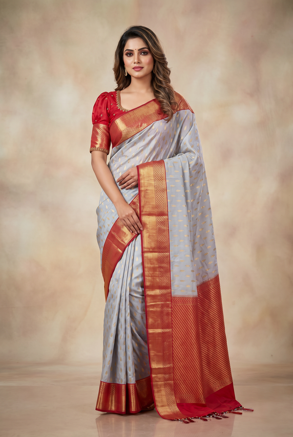 Gray Korvai Buttis Semi Silk Saree - Tassels & Maggam
