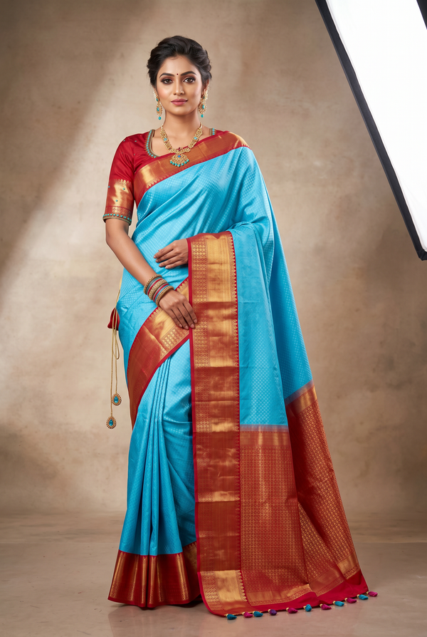 Blue Korvai Semi Silk Saree with Tassels & Maggam Work