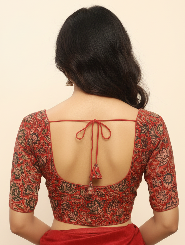 Red Kalamkari Cotton Padded Blouse - Readymade