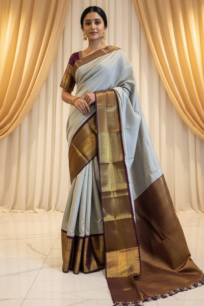 Semi-Silk Saree with Korvai pattern and Maggam Work Blouse