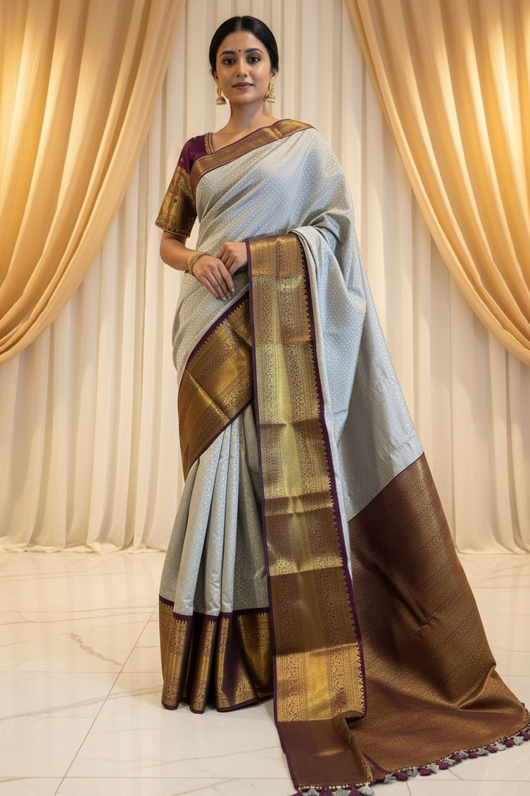 Semi-Silk Saree with Korvai pattern and Maggam Work Blouse