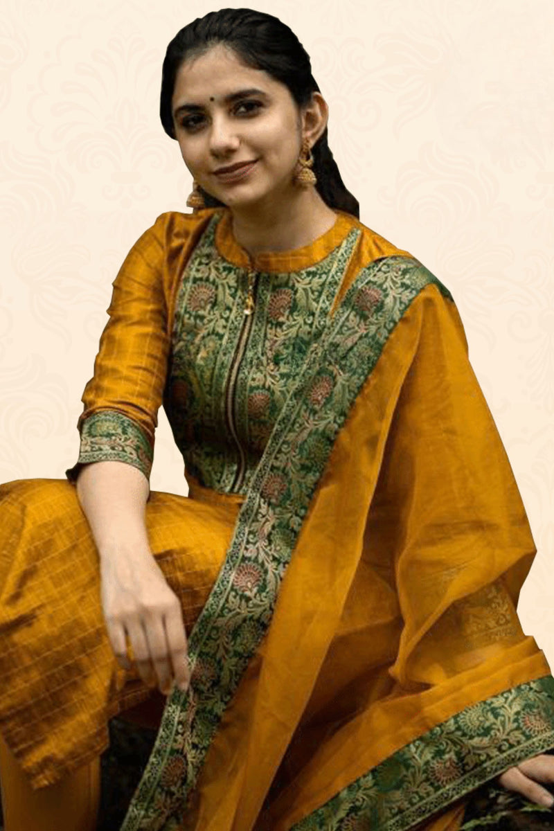 Stylish Silk cotton Salwar with banarasi lace work in Yellow